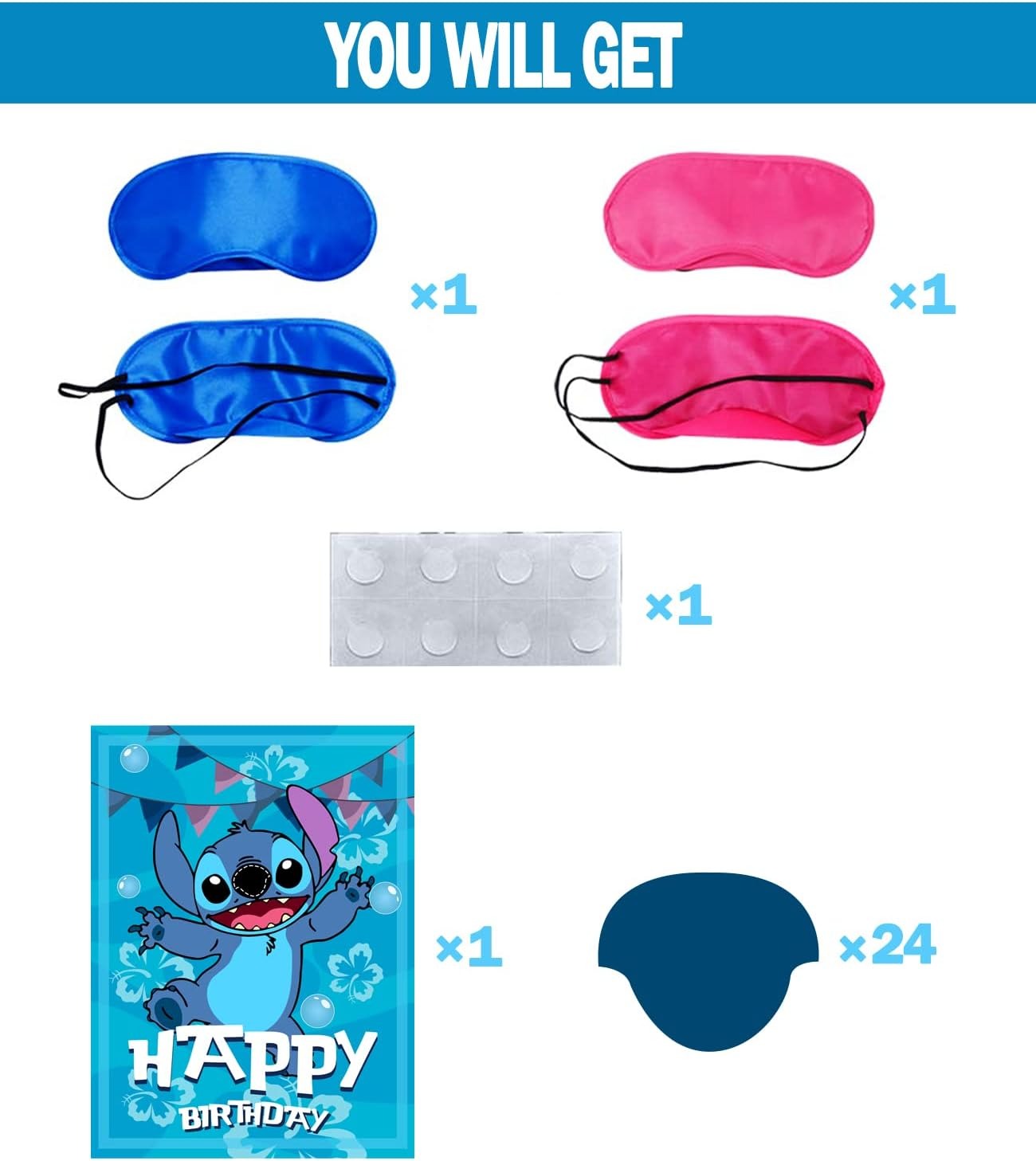 Stitch Party Supplies, Pin The Nose on Stitch, Stitch Party Games for Boys Girls, Large Poster 24PCS Stickers for Stitch Birthday Party Decorations