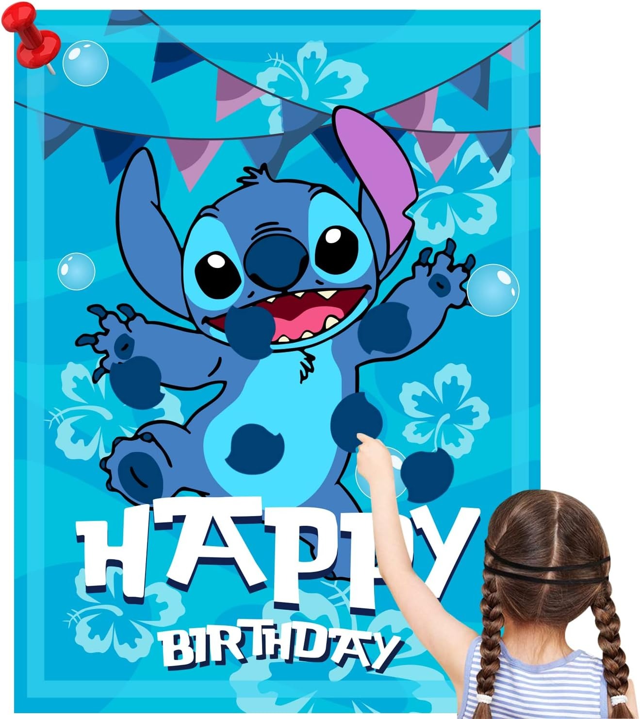 Stitch Party Supplies, Pin The Nose on Stitch, Stitch Party Games for Boys Girls, Large Poster 24PCS Stickers for Stitch Birthday Party Decorations
