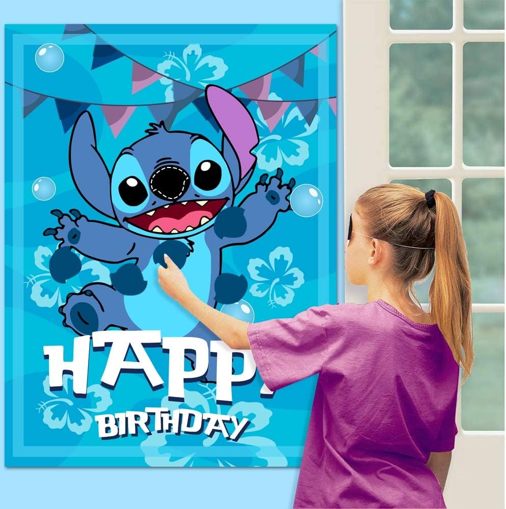 Stitch Party Supplies, Pin The Nose on Stitch, Stitch Party Games for Boys Girls, Large Poster 24PCS Stickers for Stitch Birthday Party Decorations