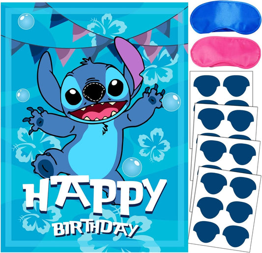 Stitch Party Supplies, Pin The Nose on Stitch, Stitch Party Games for Boys Girls, Large Poster 24PCS Stickers for Stitch Birthday Party Decorations