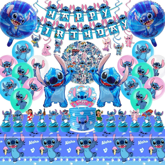 Stitch Party Supplies, 103PCS Birthday Decorations Set Include Banner, Balloons, Stickers, Hanging Swirls, Cake Cupcake Toppers, Tablecloth for Boys Girls...